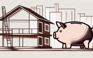 A house under construction with a piggy bank and calculator nearby