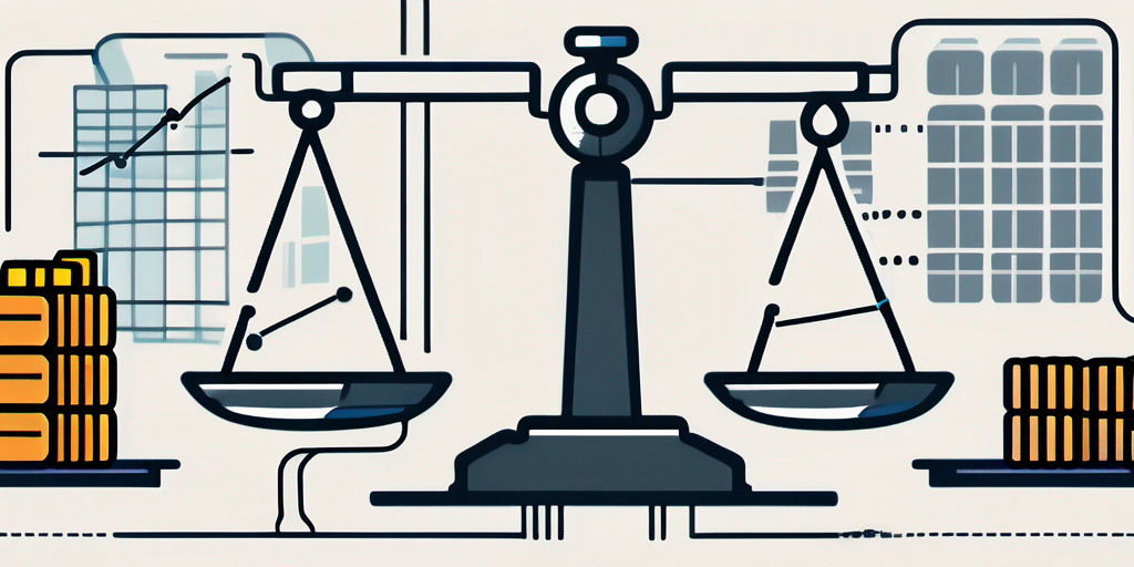 A balance scale with stacks of coins on one side representing investment