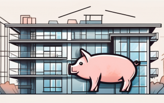 A residential building under construction with a piggy bank in the foreground