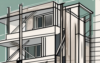 A building under construction with a retroactive arrow symbol