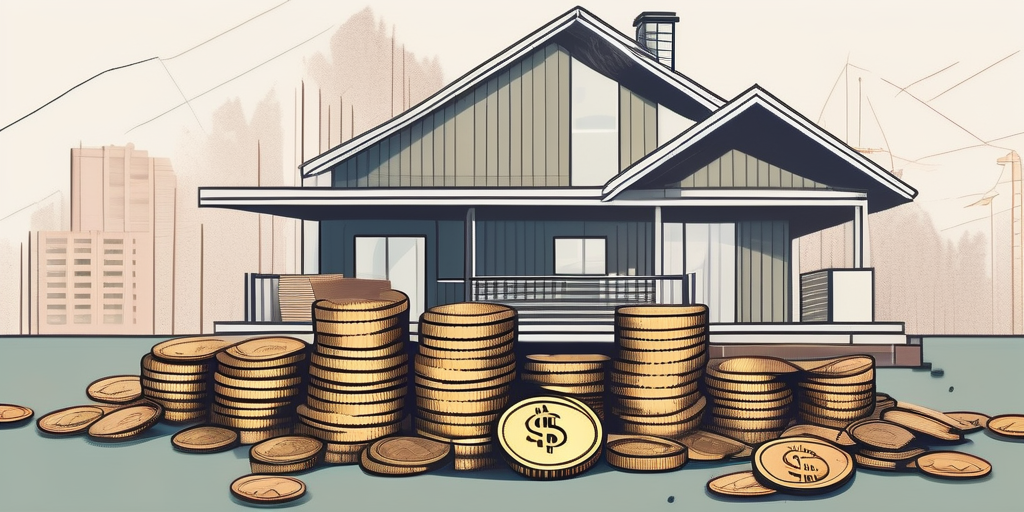 A house under construction with a pile of coins and banknotes symbolizing the equity in the foreground
