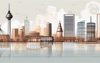 The düsseldorf skyline with various symbolic financial elements such as a stack of coins