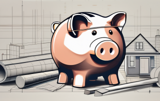 A piggy bank sitting on top of a house blueprint