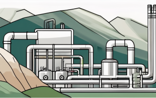 A geothermal power plant with various components like the underground heat source