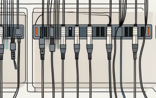 A fiber optic cable connecting a wall socket to a patch panel