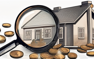 A magnifying glass examining a house made of coins