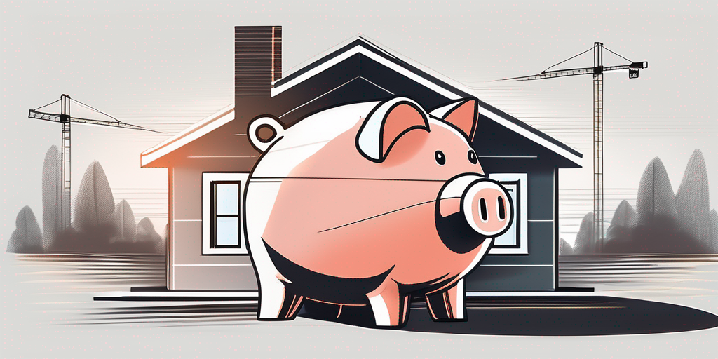 A house under construction with a piggy bank next to it