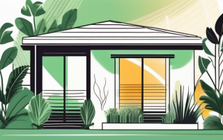 A house with sun-protective measures like window shades and green plants