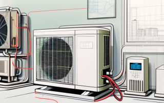 A heat pump with various technical components highlighted