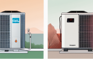 A split image showing a heat pump on one side and a pellet heating system on the other