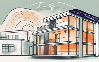 A residential building with energy efficiency symbols and a large energy performance certificate in the foreground