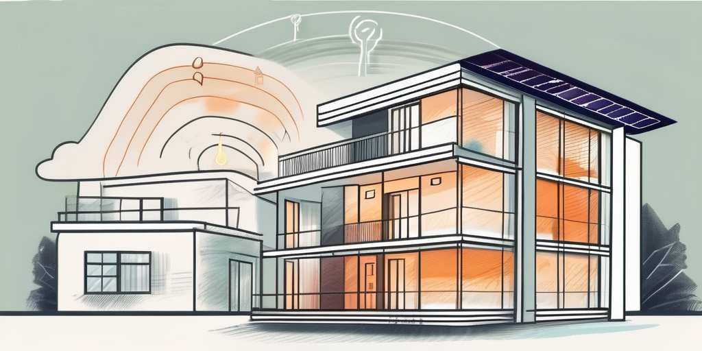A residential building with energy efficiency symbols and a large energy performance certificate in the foreground