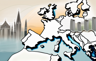 A european map with symbolic buildings demonstrating energy efficiency
