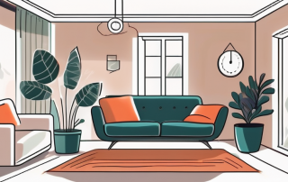 A cozy living room with a thermostat set at an optimal temperature