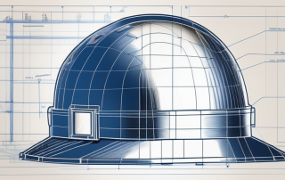A blueprint of a building with a construction helmet and a pencil