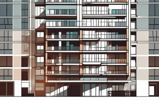 A multi-story apartment building under construction with visible architectural plans