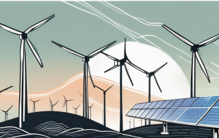 A landscape transitioning from a coal power plant on one side to wind turbines and solar panels on the other