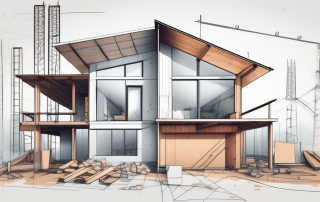 A partially constructed single-family house with various construction materials and tools scattered around the site