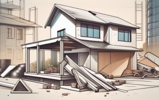 A half-constructed house with various building materials and tools scattered around