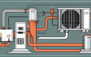 A heat pump system with arrows indicating the process of heating and cooling in a residential setting