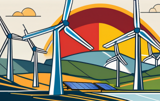 A landscape featuring a mix of wind turbines