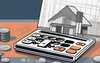 A blueprint of a building with a calculator and a pile of coins next to it
