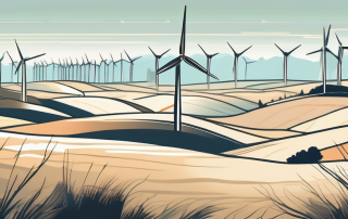 A vast landscape with numerous wind turbines dotting the horizon under a clear sky