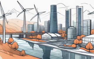 A modern cityscape powered by various types of energy sources such as wind turbines