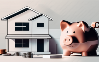 A house partially constructed with bricks and a piggy bank next to it