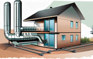 An erdwärme wärmepumpe (geothermal heat pump) system with underground pipes and a house