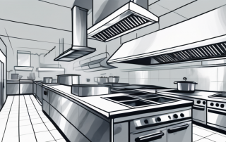 A commercial kitchen with prominent ventilation systems