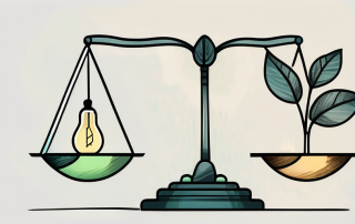A balanced scale with a lightbulb on one side and a leaf on the other