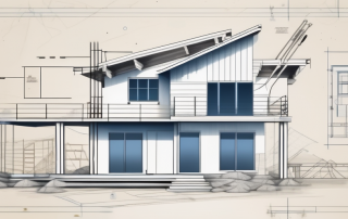 A half-built house on a plot of land with various construction tools scattered around