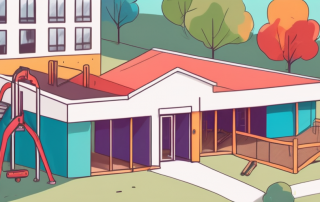 A vibrant and colorful kindergarten building under construction with various construction tools and equipment