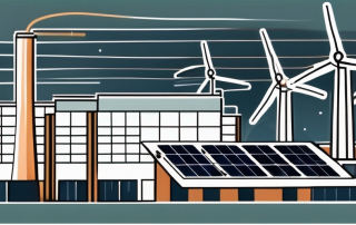 A factory with solar panels and wind turbines