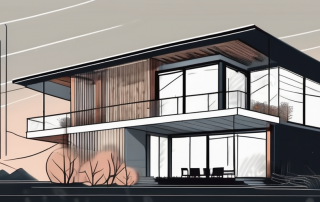 A modern prefabricated house with a price tag hanging from it