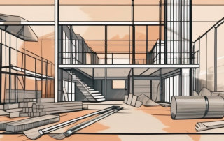 A construction site with various building materials and tools