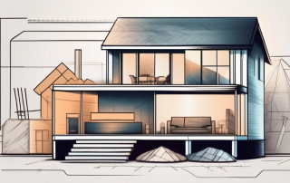 A partially constructed house with various building materials around it