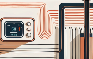 A modern wireless thermostat on a wall with visible radio waves