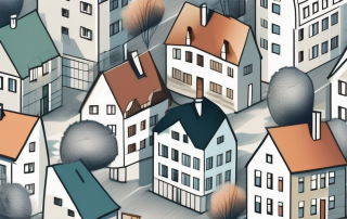 A variety of different types of residential buildings scattered across a stylized map of germany