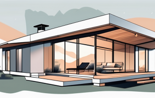 A modern prefab house with price tags hanging from different parts of it