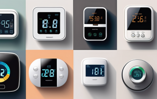 Several programmable thermostats of different shapes and sizes