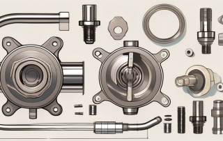 A disassembled thermostat valve with its various components laid out