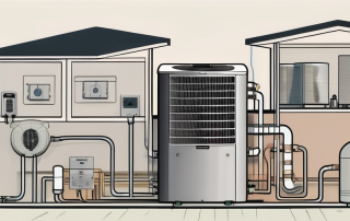 A heat pump system with various components labeled