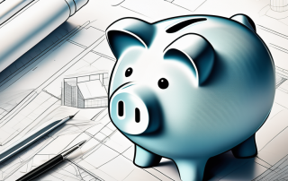 A piggy bank on top of a pile of construction blueprints