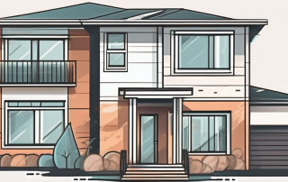 A completed multi-family house with a large key on top