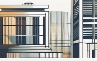 A modern government building with symbolic elements of economy like gears