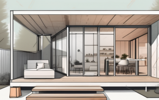 A fully constructed prefabricated house with a large key on top