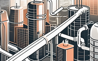 A cityscape with various buildings connected by a network of underground pipes