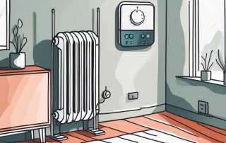 A programmable thermostat set against the backdrop of a cozy